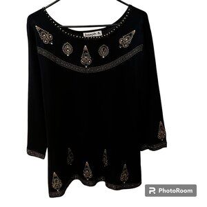 VINTAGE - Joseph A Women’s Rhinestone, Beaded Black & Gold Metallic Sweater/2X